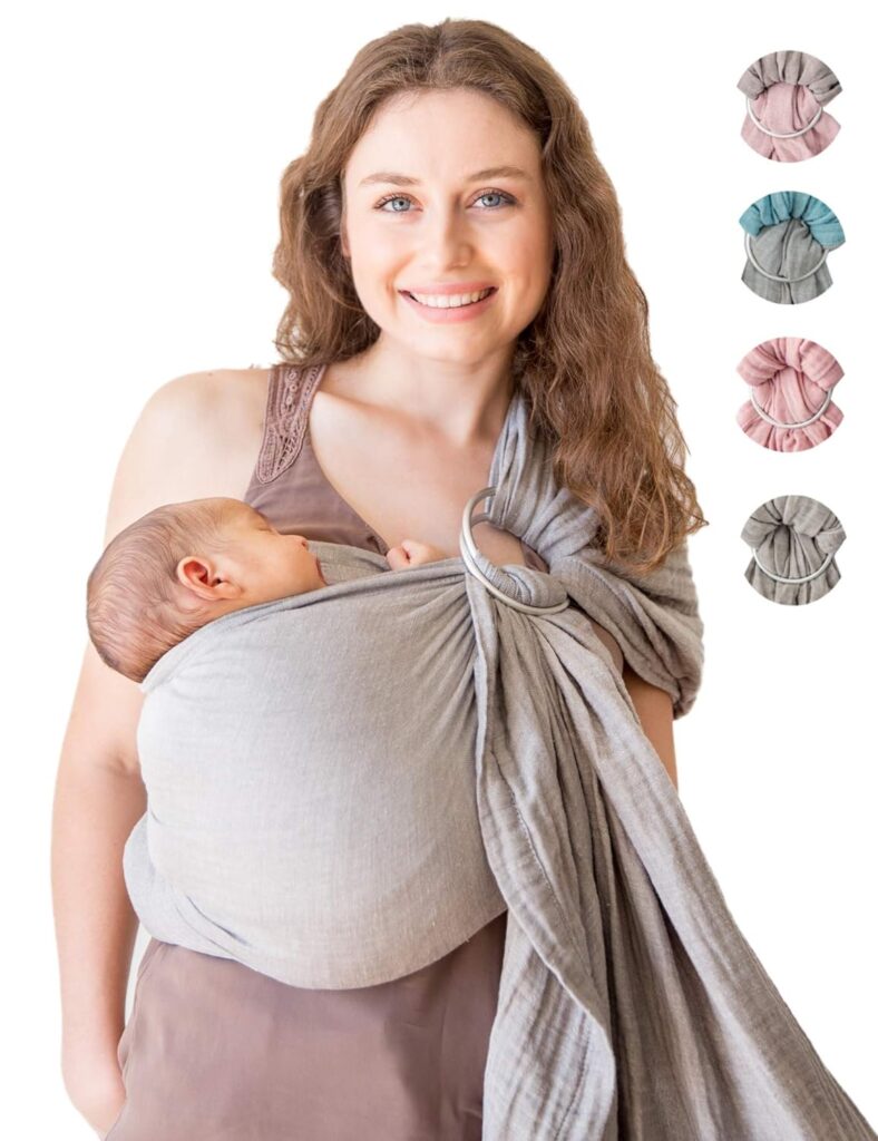 Mom wearing her baby in Ring sling carrier