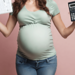 a pregnant woman holding a calculator