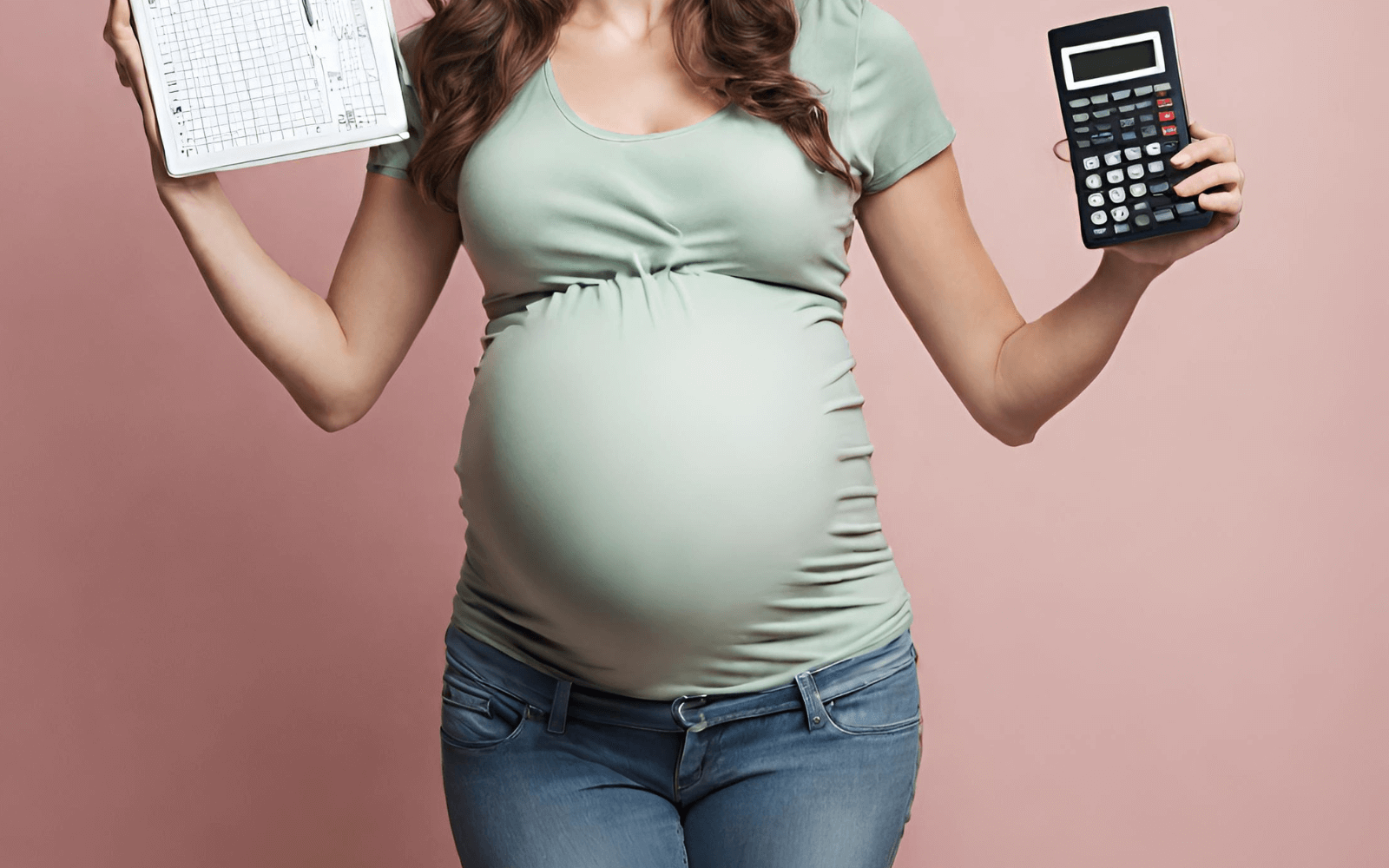 a pregnant woman holding a calculator