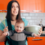 Busy mom making Lactation reciepes while holding her baby