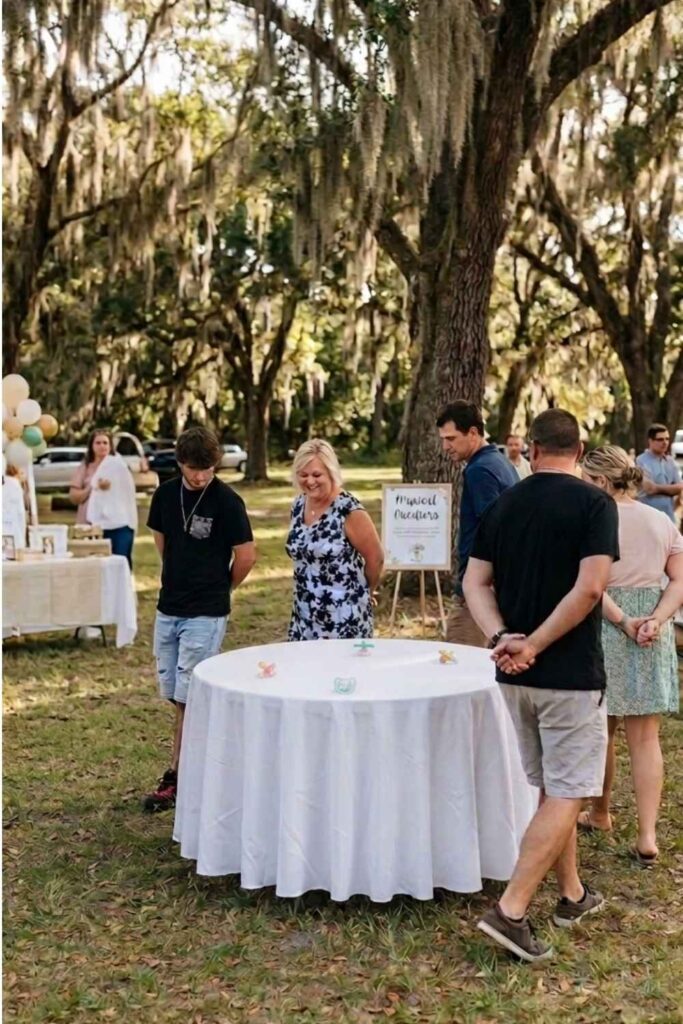 A group of people playing musical pacifiers at a baby shower