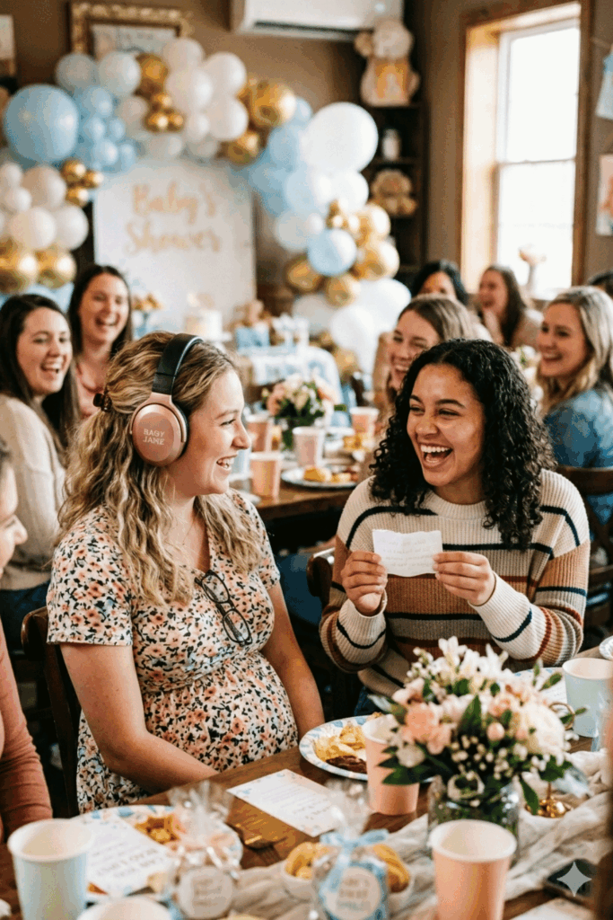 Two people playing a funny game at a baby shower