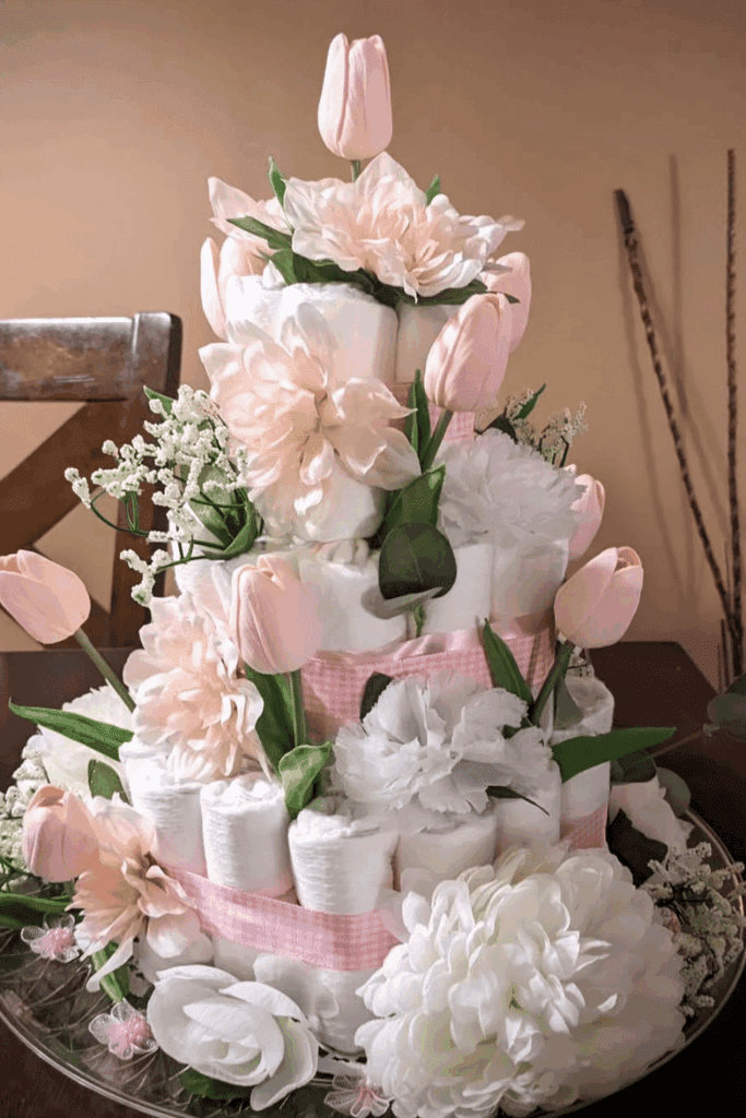 stunning floral diaper cake, adorned with pastel flowers, lush greenery, and charming pink ribbons