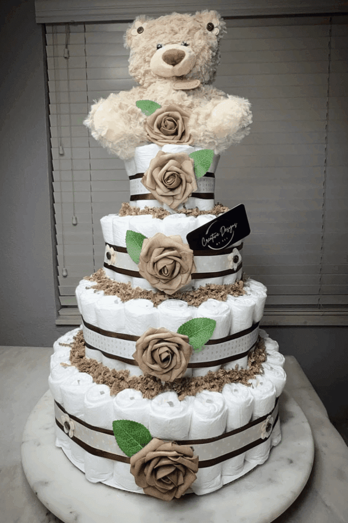 four-tiered diaper cake, topped with a cuddly teddy bear, perfect centerpiece for a "Can Bearly Wait" baby shower 