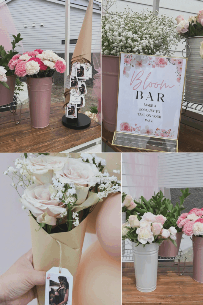 A flower bar setup in a baby in bloom baby shower