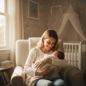 a mother holding her baby seating on a chair in the nursery room