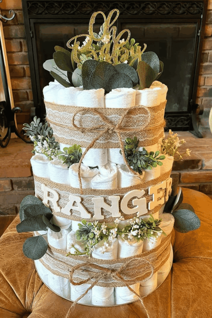 three-tiered diaper cake combines rustic burlap, twine bows, and delicate greenery
