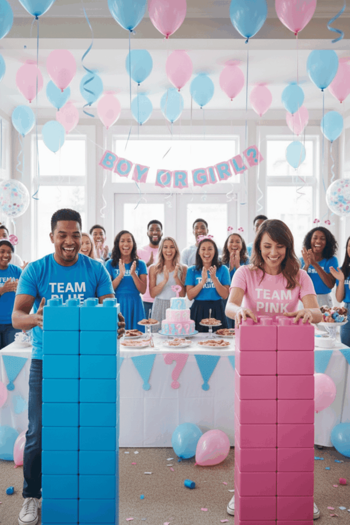 Gender reveal games- Stack the Blocks game played in a gender reveal party