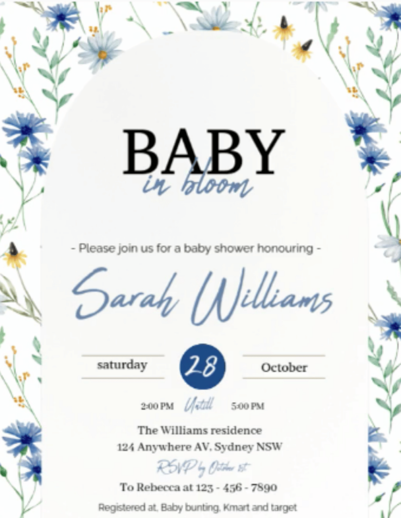 Baby in bloom invitation for a boy with blue floral design