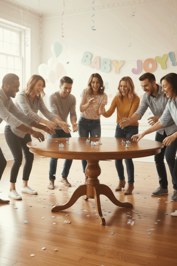 Gender reveal games - Group of friends playing musical pacifiers in a gender reveal party