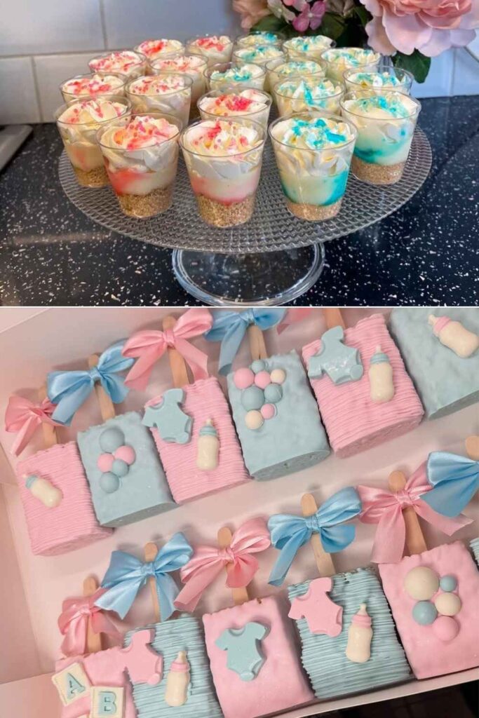 Gender reveal food - cheese cakes and rice treats