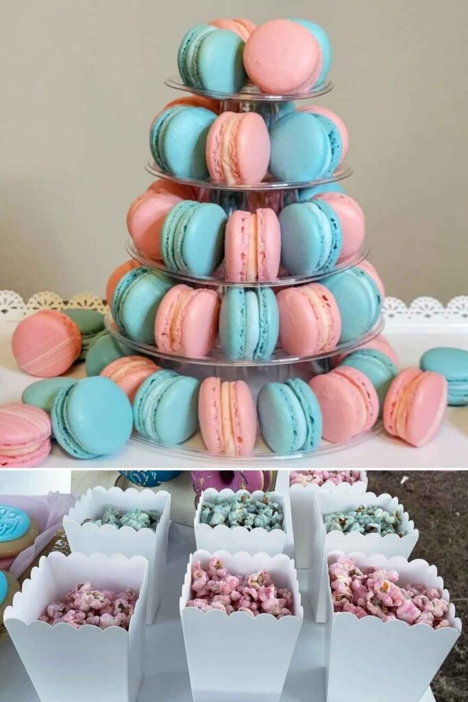 Gender reveal food - popcorn and macaroons