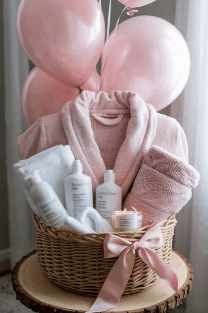 Spa gift basket for a new mom including robe, body lotion, candle and face mask