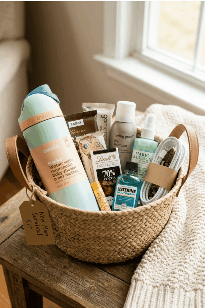 The New Mom Survival Kit - a gift basket including dry shampoo, water bottle, mouthwash and healthy snacks